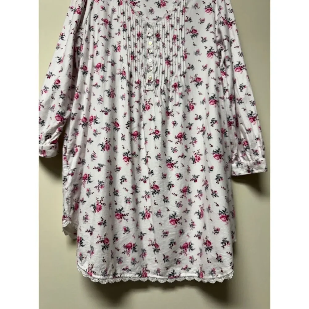 EILEEN WEST Cotton/Rayon Flannel Pintuck Lace Trim Long Sleeve Nightgown, Sz M